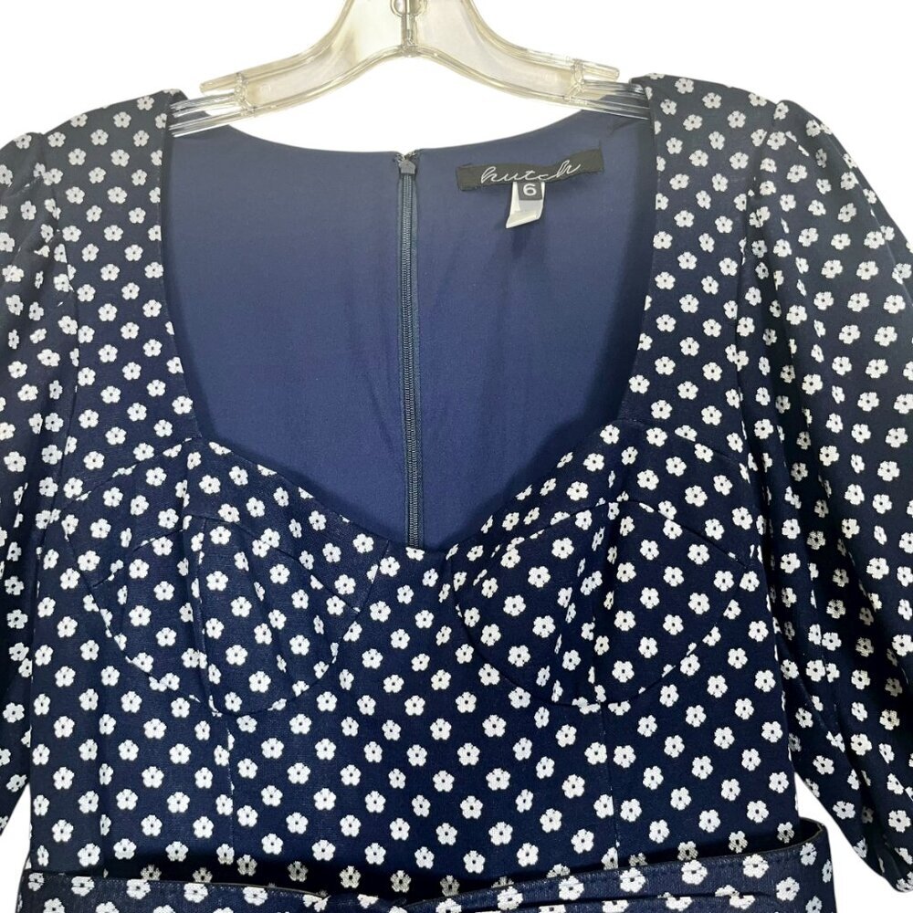 ANTHROPOLOGIE HUTCH Dress Women's 6 Floral Navy Polka Dot Puff Sleeve Belt Mini - Picture 7 of 10